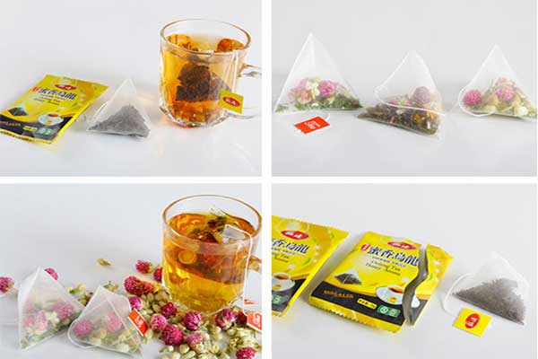 內(nèi)外袋茶葉包裝機(jī)可采用復(fù)合膜、過濾紙、無紡布等薄膜制袋